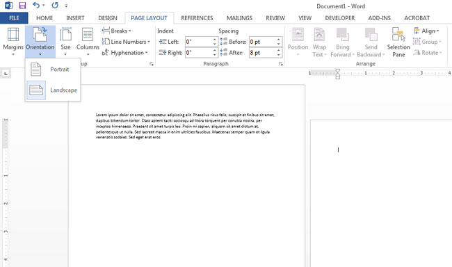 turn one page landscape in word