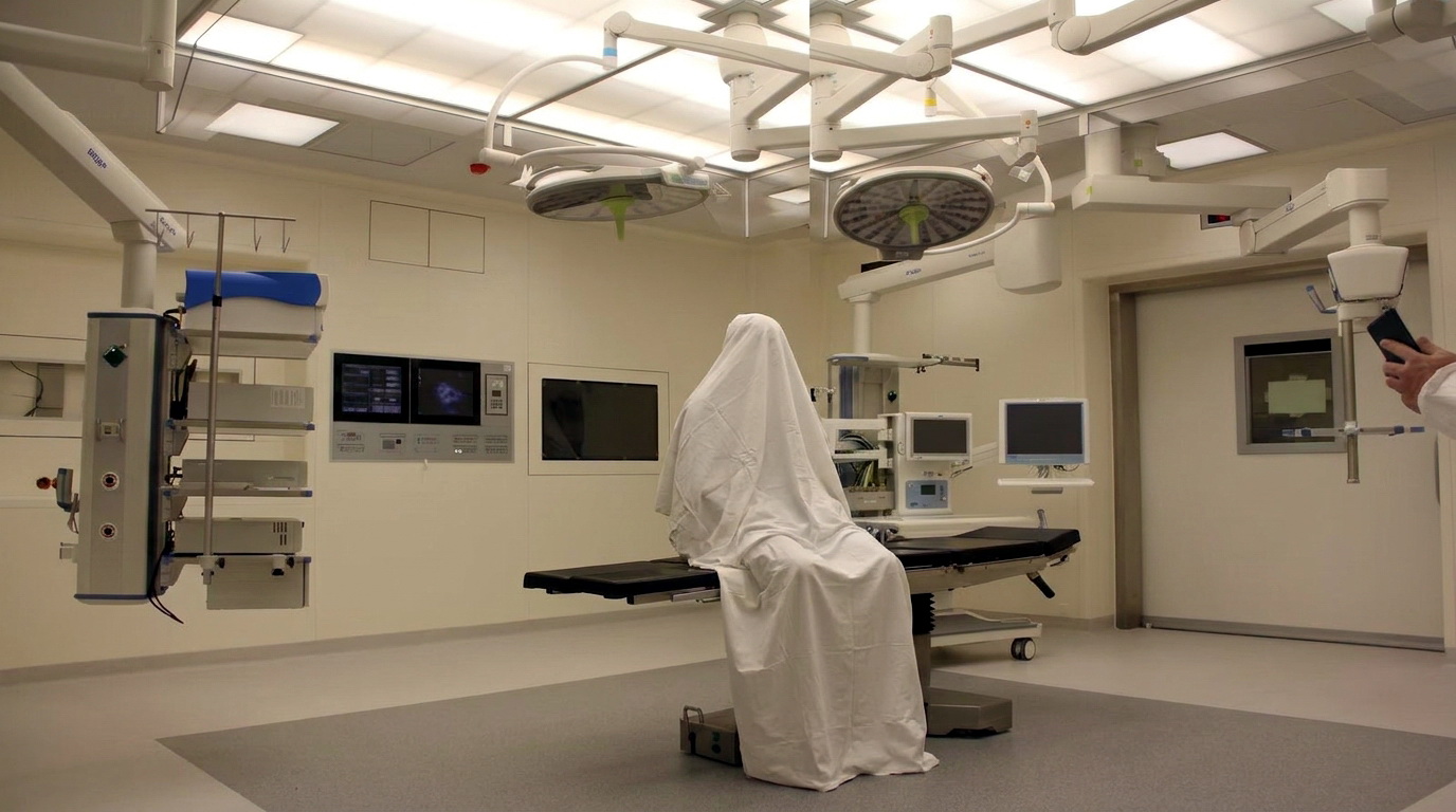 An empty operating table, dimly lit, evoking the room described in the book's opening case